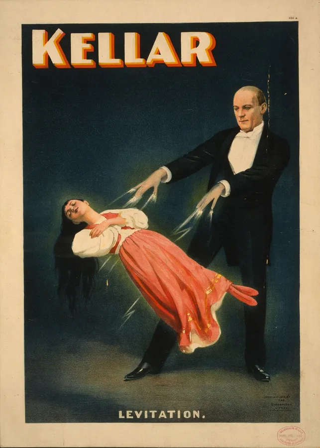 Affiche « Kellar, Levitation » de 1894 : Harry Kellar fait flotter sa partenaire en robe rouge