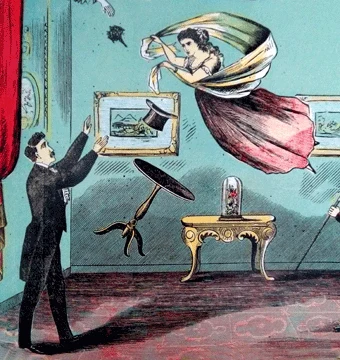 Détail d'une affiche de Maskelyne : une femme flotte dans un salon, au-dessus d'un guéridon qui s'envole, devant un magicien en habit