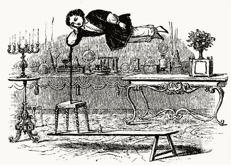 Gravure de la Suspension éthéréenne : le fils de Robert-Houdin flotte à l'horizontale, appuyé sur une seule canne posée sur un tabouret